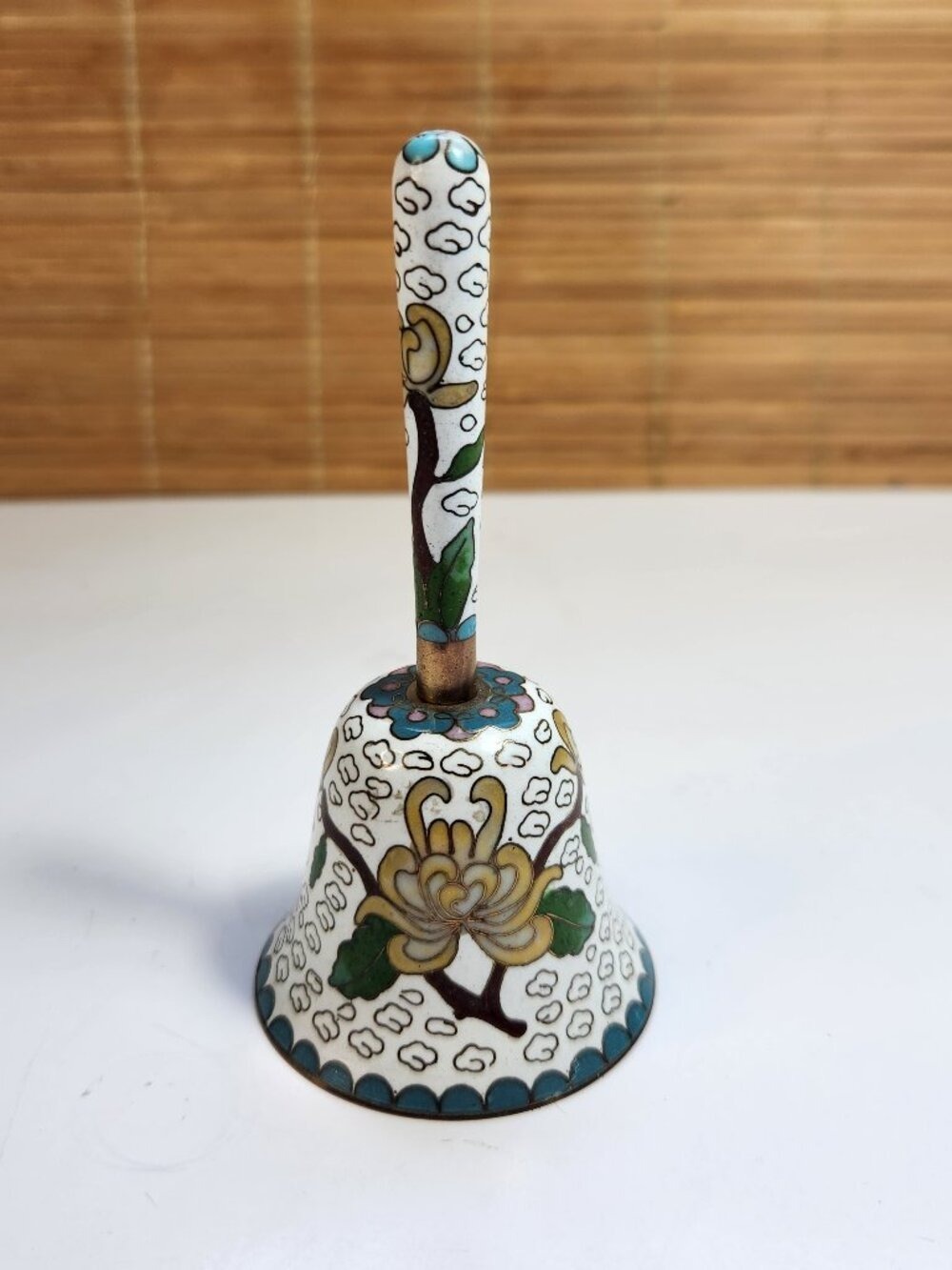 Vintage Cloisonne Enamel Hand Bell Brass Floral Chinoiserie Turquoise Interior